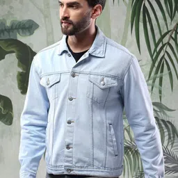 Kotty Men Solid Spread Collar Insulator Pure Cotton Denim Jacket-picture-1