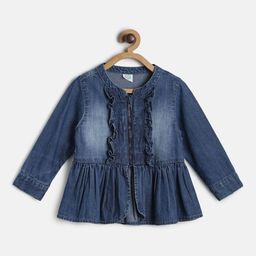 MINI KLUB Girls Blue Washed Lightweight Cotton Longline Denim Jacket-image-34