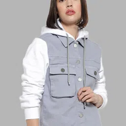 Campus Sutra Women Blue White Colourblocked Windcheater Outdoor Tailored Jacket-picture-38