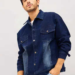 MASCLN SASSAFRAS Navy Blue Washed Spread Collar Long Sleeves Cotton Relax Fit Denim Jacket-44