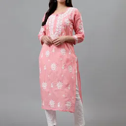 Seva Chikan Floral Printed Round Neck Three-Quarter Sleeves Chikankari Straight Kurta-picture-31