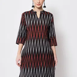 Vastraa Fusion Mandarin Collar Chevron Printed Ikat Pure Cotton Kurta-97