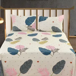 Nivasam Daffodil Cream & Blue Floral Cotton 400 TC King Bedsheet with 2 Pillow Covers-image-66