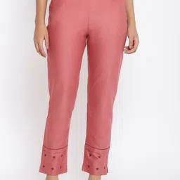 W Women Dusty Pink Solid Slim Fit Cotton Cigarette Trouser-31