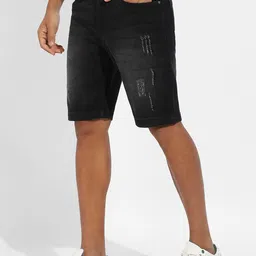 Campus Sutra Black Washed Scratched Outdoor Mid-Rise Denim Shorts-image-62