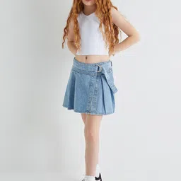 Koton Girls Belted Pure Cotton Denim Skorts-picture-6