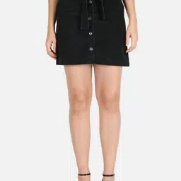 The Dry State Green Mid-Rise A-Line Denim Mini Skirt With Fabric Belt-picture-0