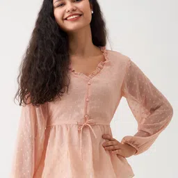AASK Self Design V-Neck Puff Sleeves Ruffle Detailed Peplum Top-image-36