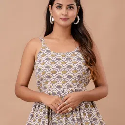 FERANOID Ethnic Motifs Printed Shoulder Straps Gathered or Pleated Pure Cotton Peplum Top-picture-17