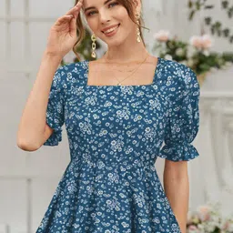 KALINI Floral Printed Square Neck Puff Sleeve Peplum Top-image-51