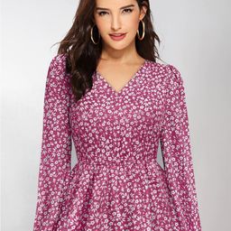 KALINI Floral Printed Puff Sleeve Peplum Top-image-89