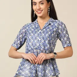 FASHION DREAM Floral Printed Shirt Collar Peplum Top-image-17