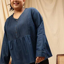 CURVY STREET Plus Size V-Neck Cotton Denim Top-image-53