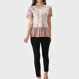 DEBONATELLA White & Red Printed Crepe Peplum Top image 3
