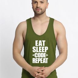 Friskers Men Olive Apple Cut Printed Sleeveless Gym Vest-image-38