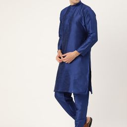 SOJANYA Men Blue & Peach-Coloured Solid Kurta with Churidar & Nehru Jacket image 5