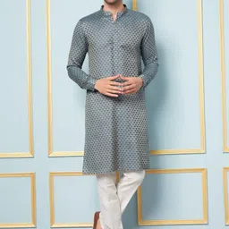 See Designs Geometric Woven Design Mandarin Collar Straight Kurta with Pyjamas-picture-48