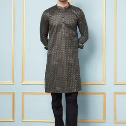 See Designs Geometric Woven Design Mandarin Collar Straight Kurta with Pyjamas-picture-45