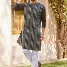 See Designs Striped Regular Sequinned Pure Cotton Kurta with Pyjamas-picture-3