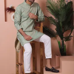 Anouk Lime Ethnic Motifs Woven Design Band Collar Straight Kurta with Pyjamas-picture-48