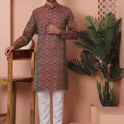 Anouk Maroon Ethnic Motifs Woven Design Band Collar Straight Kurta With Pyjamas-picture-21