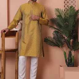 Anouk Yellow Ethnic Motifs Woven Design Band Collar Straight Kurta with Pyjamas-35