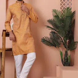 Anouk Mustard Floral Woven Design Band Collar Silk Blend Straight Kurta With Pyjamas-picture-17
