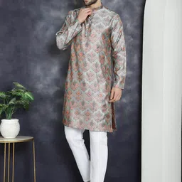 Jompers Ethnic Motifs Woven Design Mandarin Collar Zari Straight Kurta With Pyjama-image-55