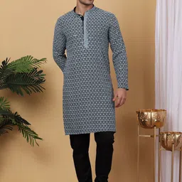 Anouk Grey Ethnic Motifs Woven Design Mandarin Collar Straight Kurta with Pyjamas-0