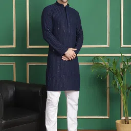 Anouk Navy Blue Geometric Embroidered Sequinned Kurta with Pyjamas-22