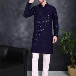 Jompers Ethnic Motifs Embroidered Chikankari Sequinned Pure Cotton Kurta with Pyjamas-image-76