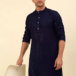 Anouk Navy Blue Floral Embroidered Regular Sequinned Pure Cotton Kurta with Pyjama-picture-51