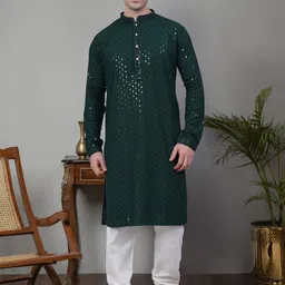 Jompers Ethnic Motifs Chikankari Embroidered Sequinned Pure Cotton Kurta With Churidar-image-70