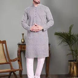 Jompers Floral Embroidered Mandarin Collar Chikankari Pure Cotton Kurta With Churidar-image-97