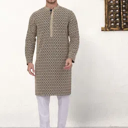 Anouk Beige Ethnic Motifs Embroidered Mandarin Collar Regular Straight Kurta With Pyjamas-picture-13