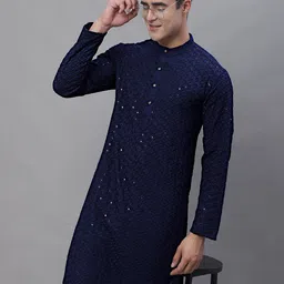 Anouk Navy Blue & White Ethnic Motif Embroidered Band Collar Sequinned Kurta With Pyjamas-picture-47