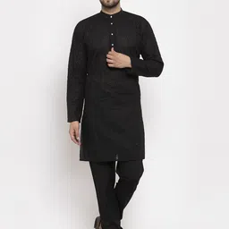 Jompers Men Black Floral Embroidered Chikankari Pure Cotton Kurta with Churidar-picture-3