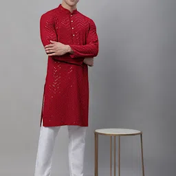 Jompers Embellished Mandarin Collar Regular Sequined Pure Cotton Kurta with Pyjamas-picture-3