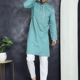 Jompers Ethnic Motifs Embroidered Mandarin Collar Sequinned Straight Kurta With Pyjama-picture-14
