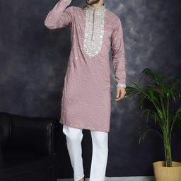 Jompers Ethnic Motifs Embroidered Mandarin Collar Sequinned Straight Kurta With Pyjama-picture-19