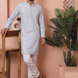 Anouk Grey Ethnic Motifs Embroidered Sequinned Band Collar Straight Kurta With Pyjamas-12