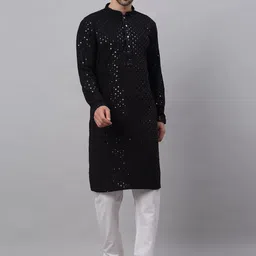 Jompers Men Black Floral Embroidered Chikankari Pure Cotton Kurta with Churidar-picture-1