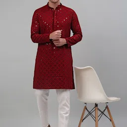 Jompers Mandarin Collar Embroidered Chikankari Straight Kurta With Pyjamas-image-61