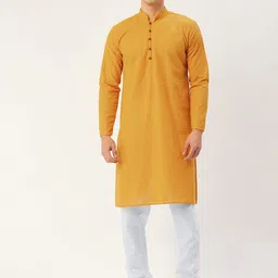 Jompers Men Mustard Yellow & White Embroidered Pure Cotton Kurta with Churidar-image-83