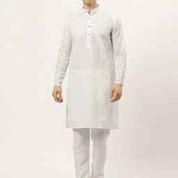 Jompers Men White Chikankari Embroidered Pure Cotton Kurta with Churidar-image-32