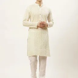 Jompers Men Cream-Coloured Chikankari Embroidered Pure Cotton Kurta with Churidar-image-53