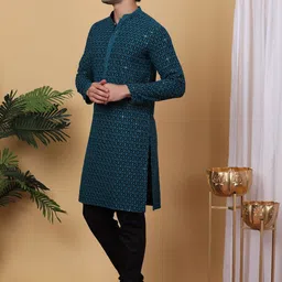 Anouk Teal Embroidered Thread Work Sequinned Mandarin Collar Straight Kurta With Pyjamas image 5