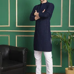 Anouk Navy Blue Geometric Embroidered Sequinned Kurta with Pyjamas image 5