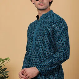 Anouk Teal Embroidered Thread Work Sequinned Mandarin Collar Straight Kurta With Pyjamas image 2