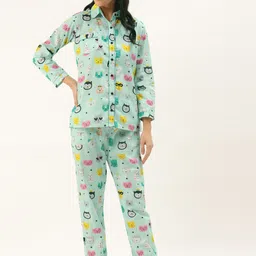 Rapra The Label Women Sea Green & Pink Kitty Printed Pure Cotton Night Suit With Eye Mask-image-89
